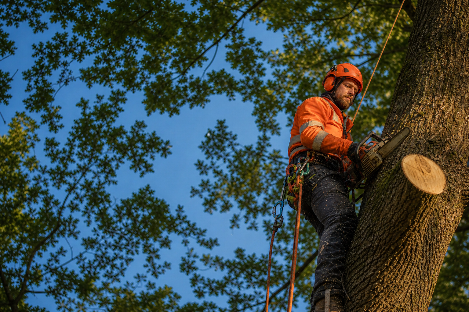 Tree surgeon working safely at height