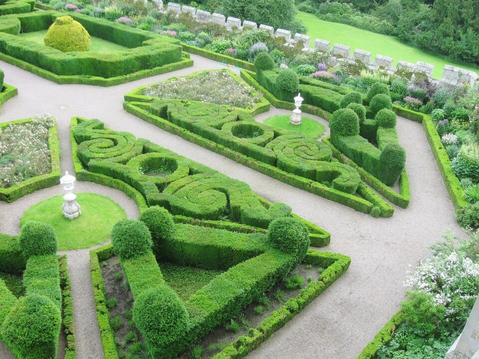 Formal garden hedges clipped into crisp geometric shapes around a lawn