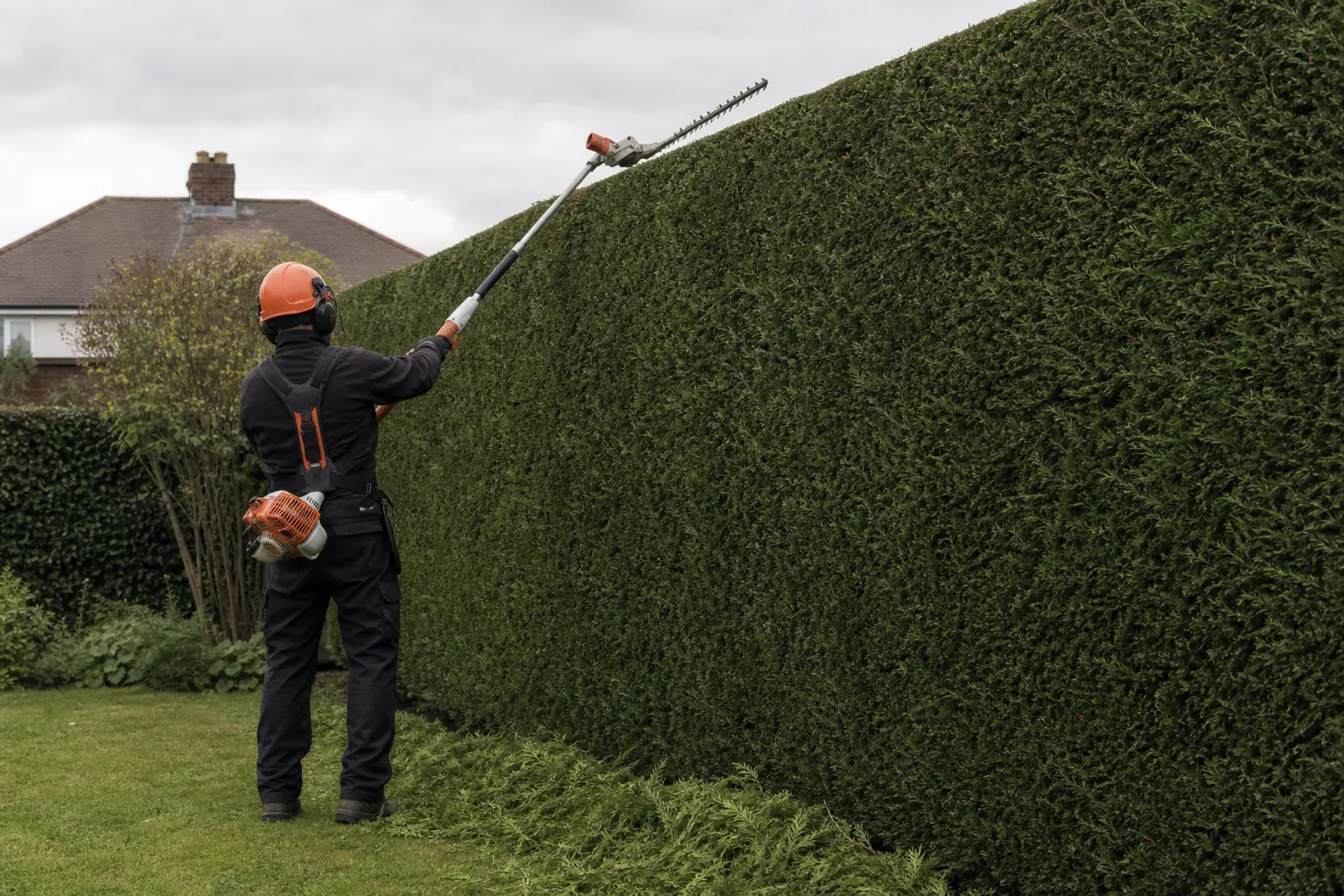 A tree surgeon trimming a tall garden hedge with a long-reach hedge cutter on a sunny day
