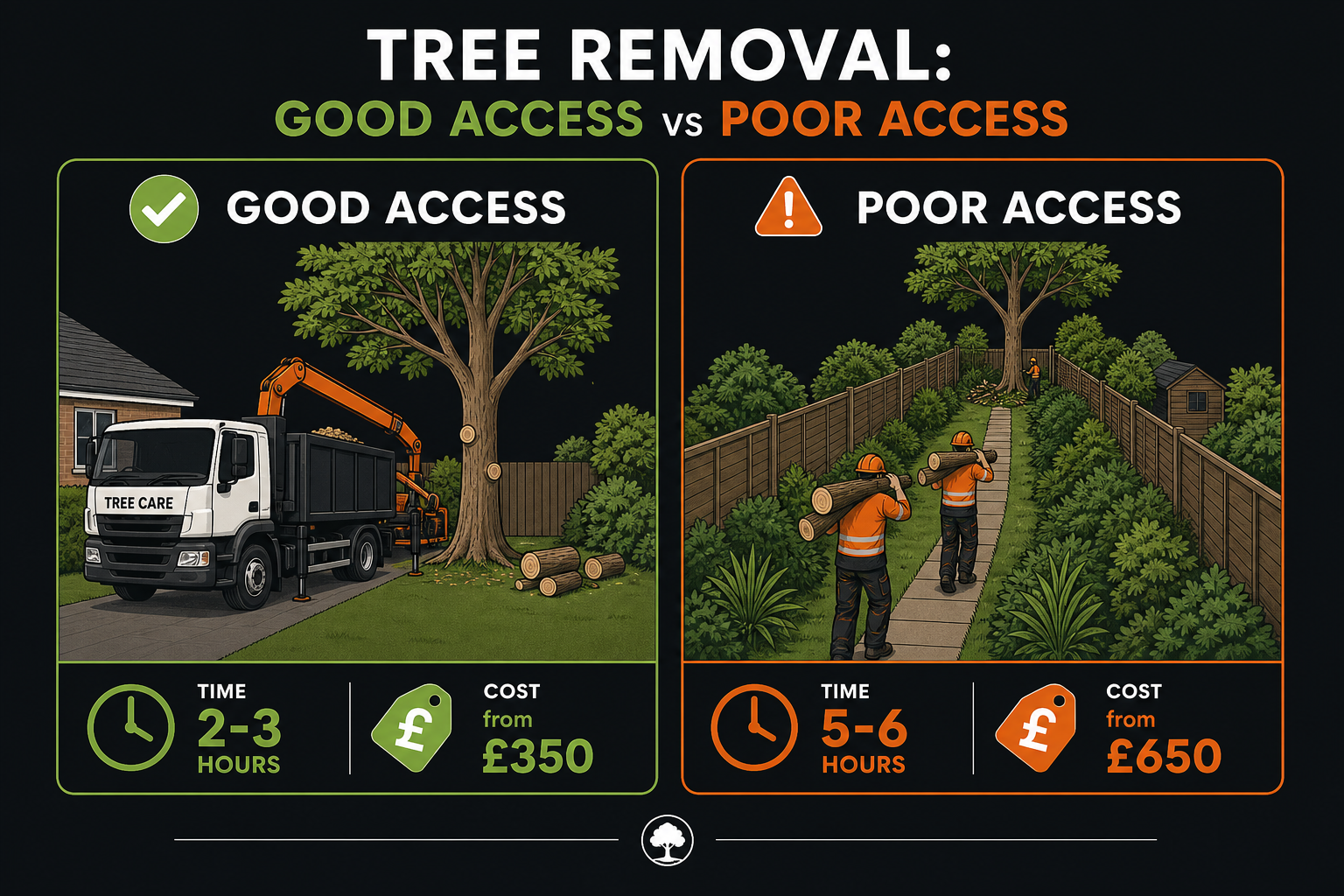 Tree removal access comparison: good access with vehicle takes 2-3 hours from £350, poor access with manual handling takes 5-6 hours from £650