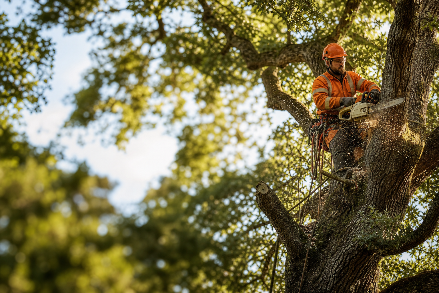 Tree surgeon working high in the canopy with a chainsaw