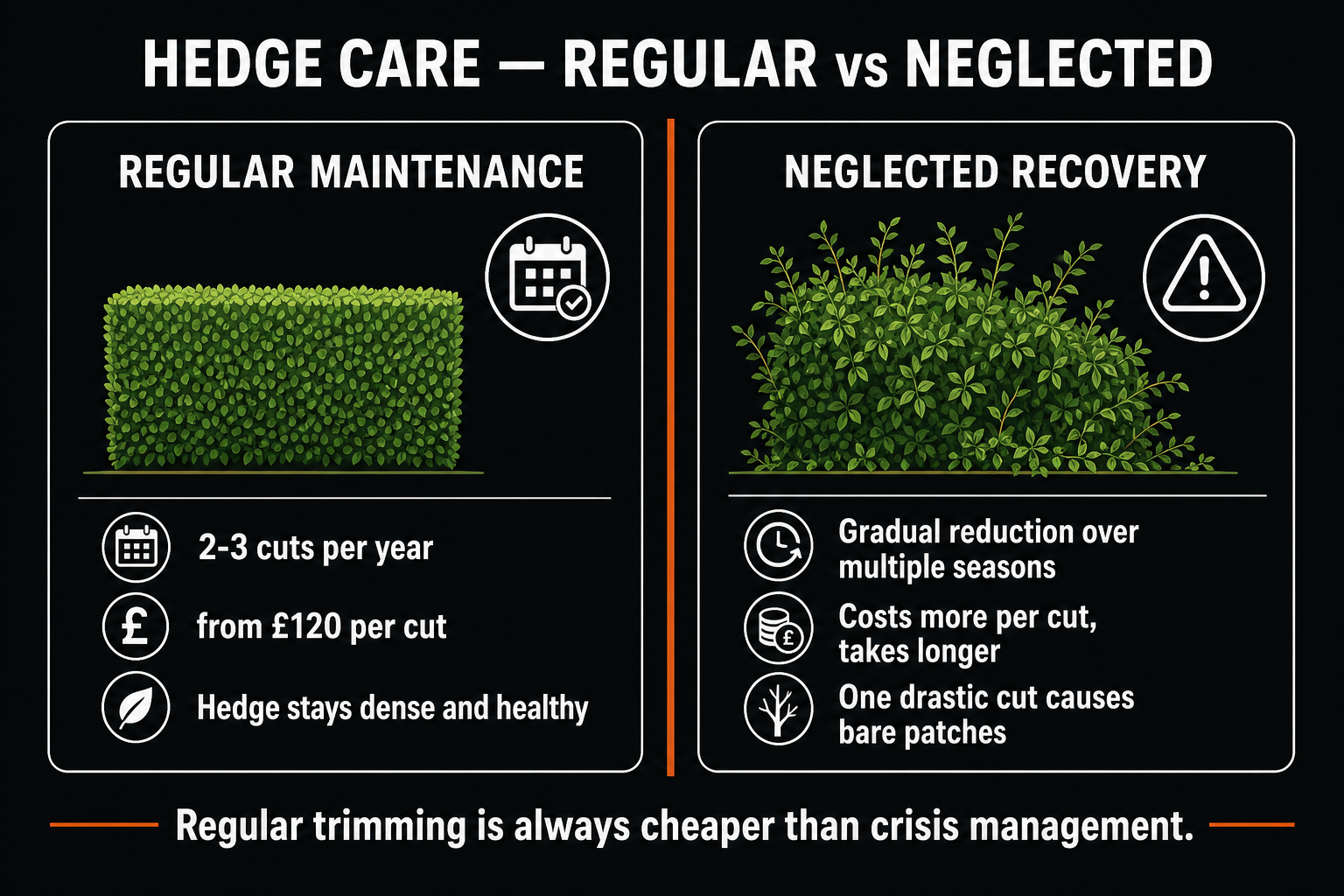 Hedge care comparison: regular maintenance keeps hedge dense and healthy from £120 per cut, neglected recovery costs more and takes multiple seasons
