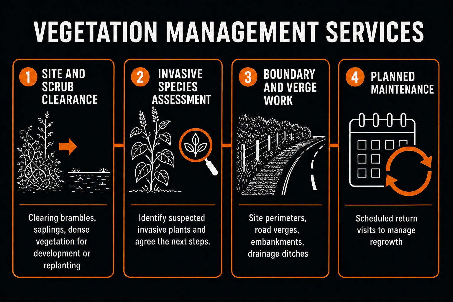 Diagram of vegetation management services covering scrub clearance, invasive species assessment, boundary work and planned maintenance